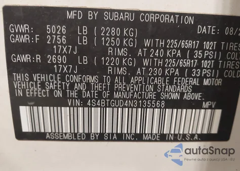 2022 Subaru Outback Wilderness z USA, uszkodzony, nr VIN 4S4BTGUD4N3135568